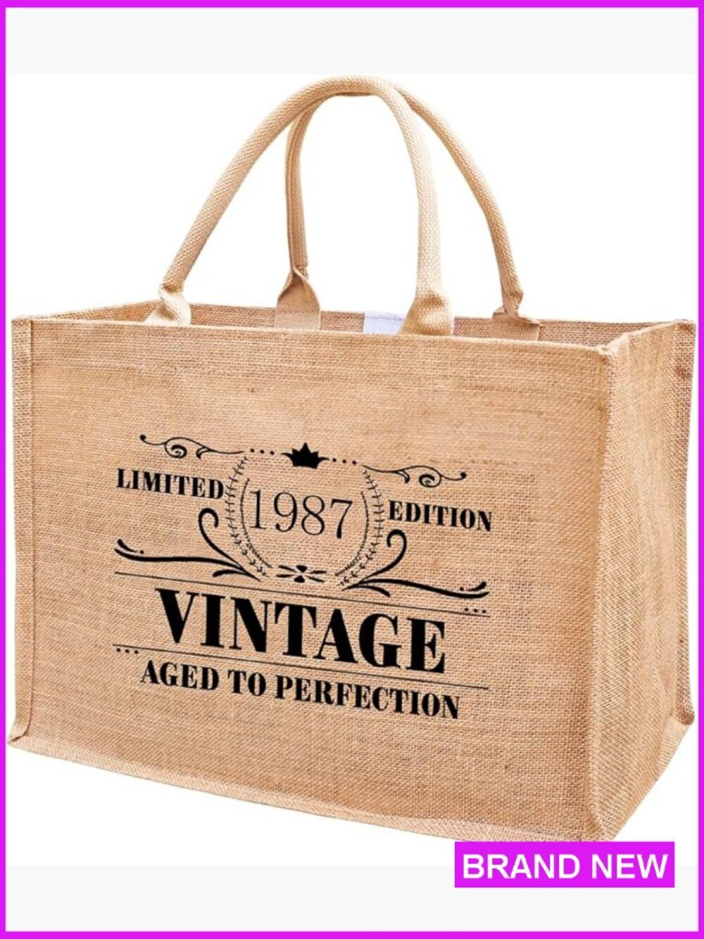 Large Jute Tote Bag Vintage Letter Print Waterproof Reusable Grocery Shopping